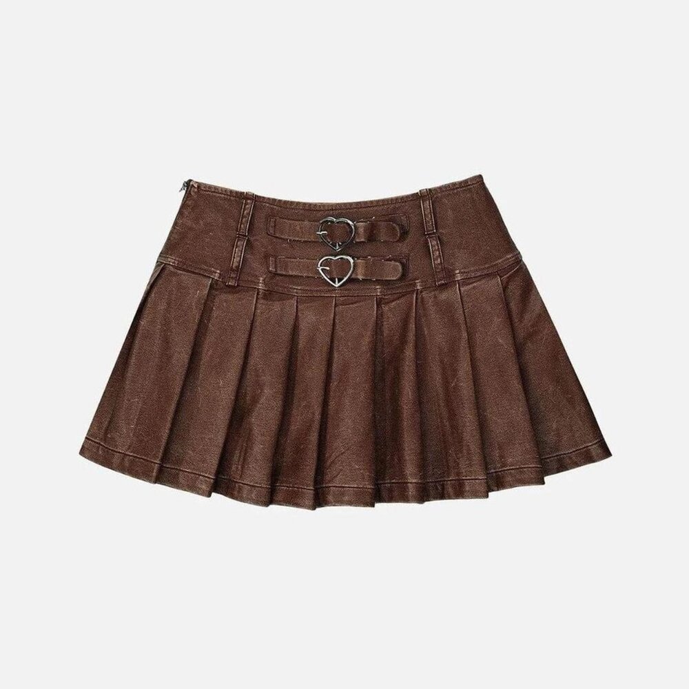 Aelfric Eden heart belt faux leather brown pleated mini skirt with heart-shaped